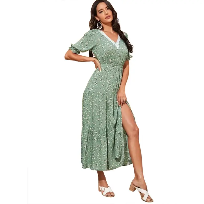 Printed V-Neck Waist Long Sleeve Dress