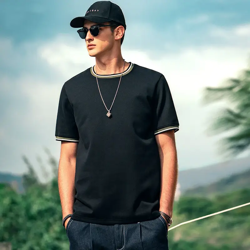 Heavy Weight Men's Short Sleeve T-Shirt High Elastic Contrast Round Neck