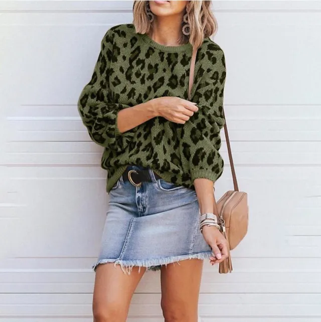 Lantern Sleeve Leopard Jacquard Sweater Female Green - Shop at LoveMi