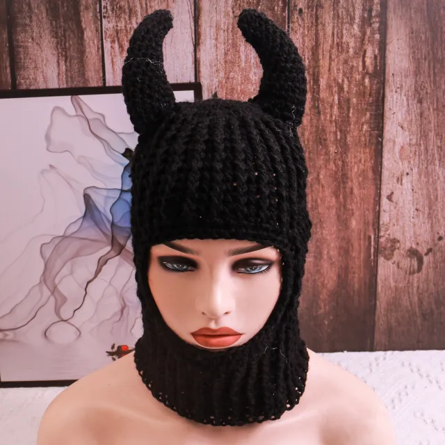 New Hand Crocheted Wool Hat Horn Style Black Horn - Shop at LoveMi