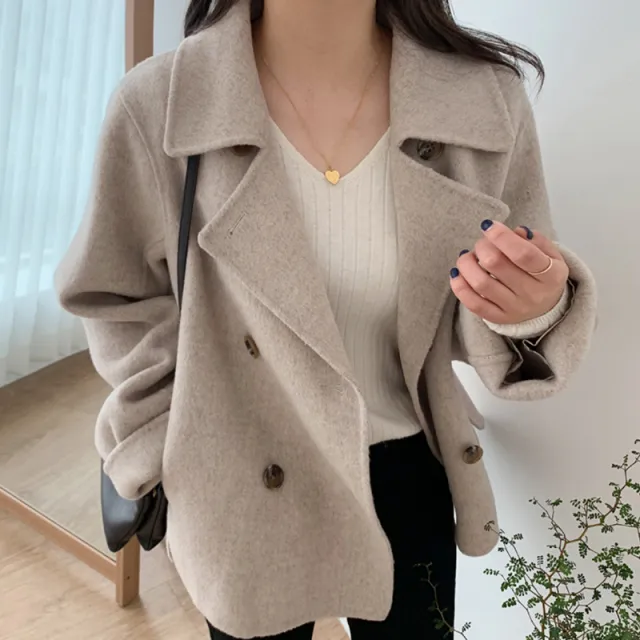 French Temperament Suit Collar Double breasted Warm Woolen Coat Oatmeal - Shop at LoveMi