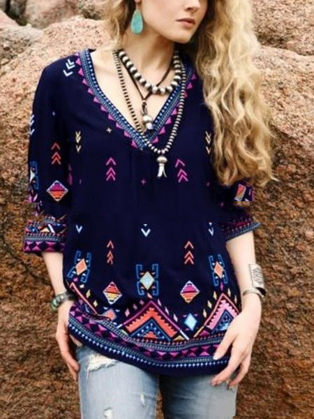 Spring And Summer New Ladies Printed V-Neck Shirt