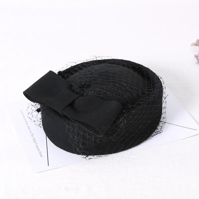 Trendy Women's Hats Fashion Veil Small Top Hats - Black