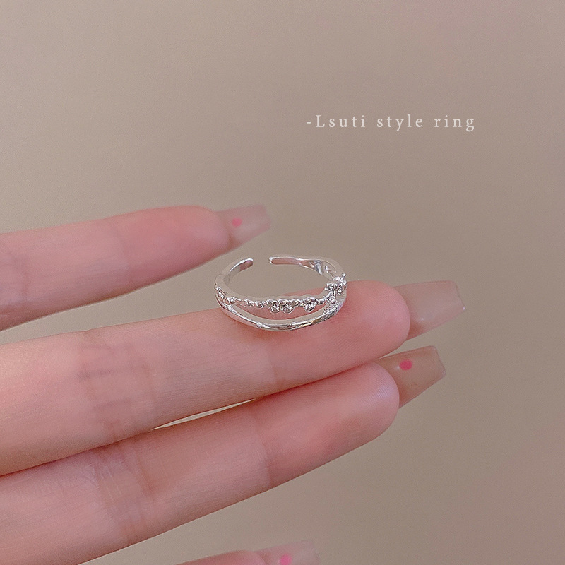 1PCS Ins Style Silver Zircon Ring For Women, Light Luxury Minimalist Design, Adjustable Open Band, Versatile Elegant Jewelry
