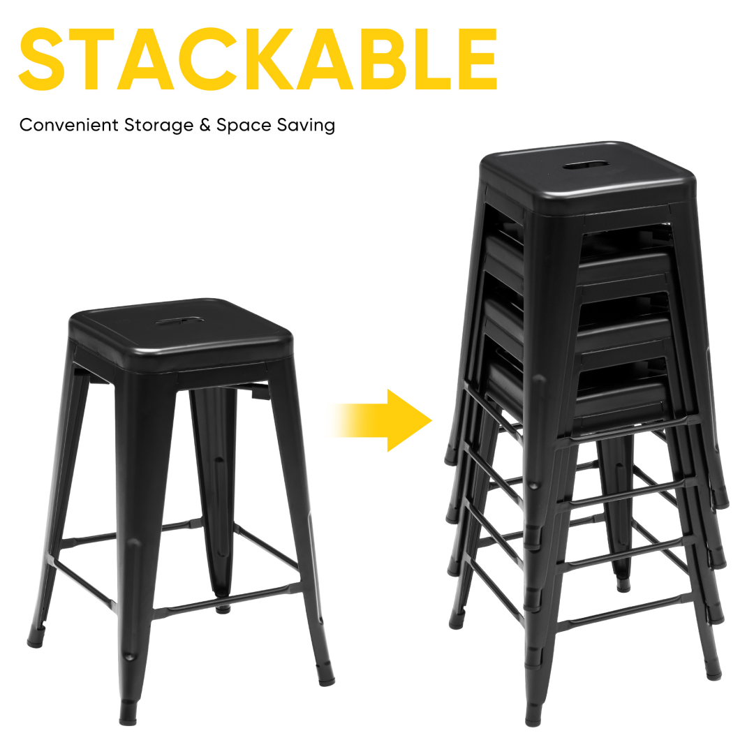 24 Inches Metal Bar Stools Set Of 4, Backless Counter Height Bar Stools For Kitchen, Outdoor Stackable Stools --No Assembly Required