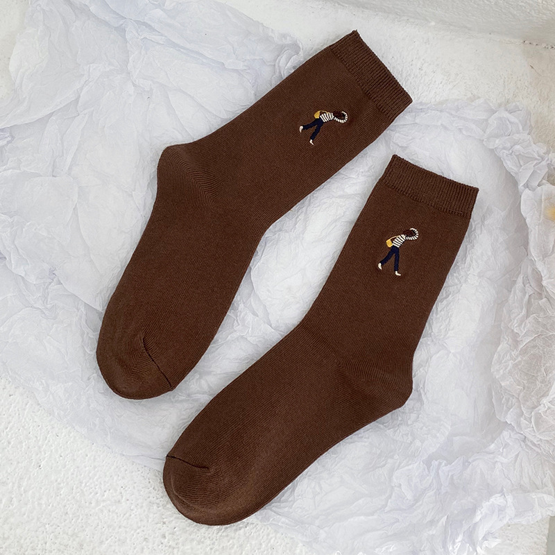 Cartoon Embroidered Double needle Cotton Socks Coffee - Shop at LoveMi