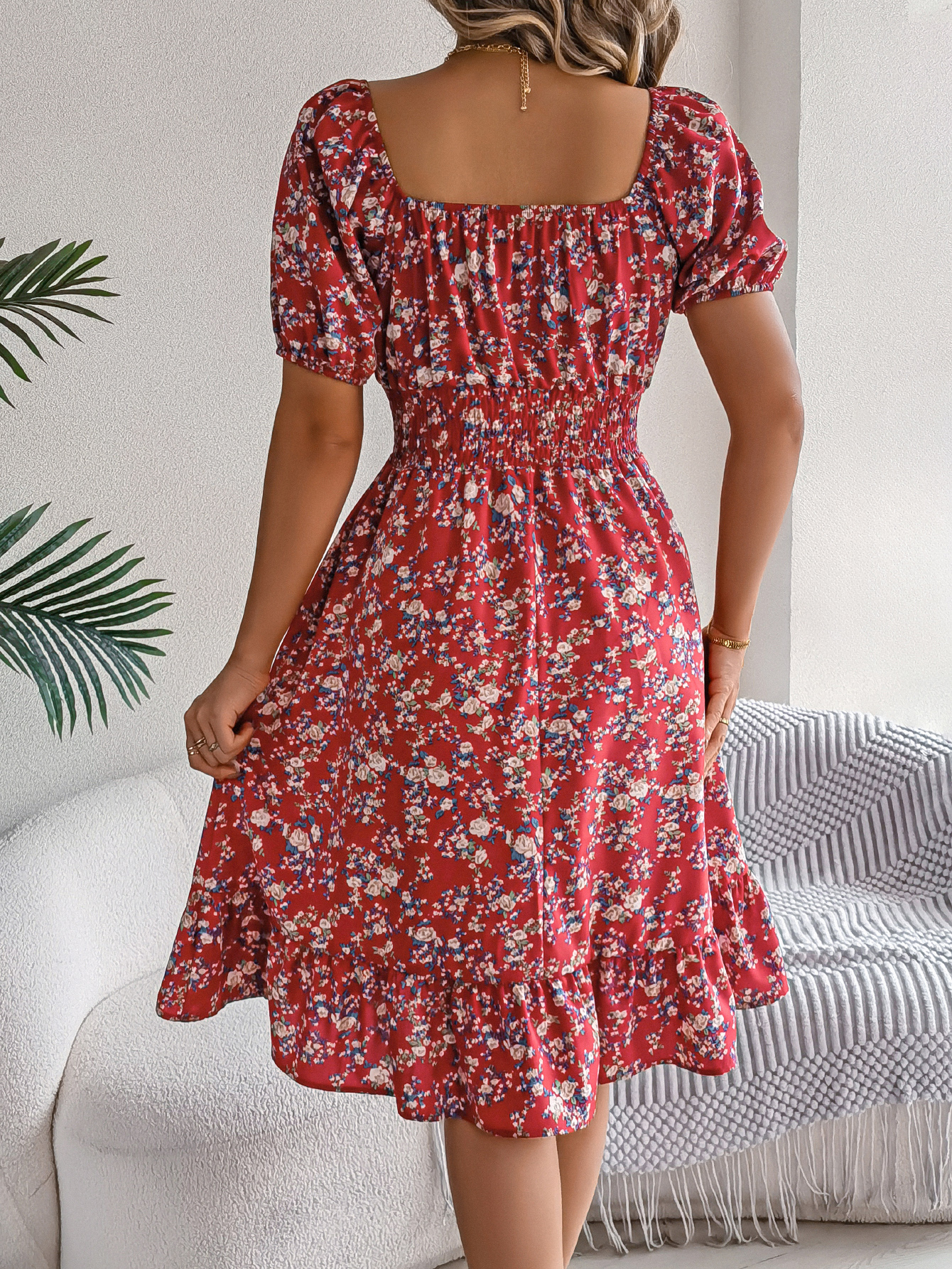 Women’s Floral Print Square Neck Short Sleeve Tie Waist Ruffle A-Line Dress