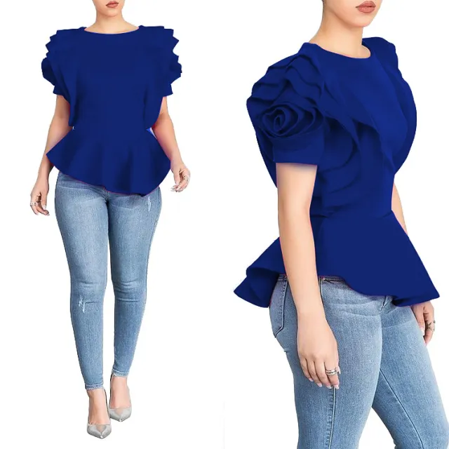 European And American Foreign Trade Women's Summer Hot Style Ruffled Hem Short Sleeve Blue - Shop at LoveMi