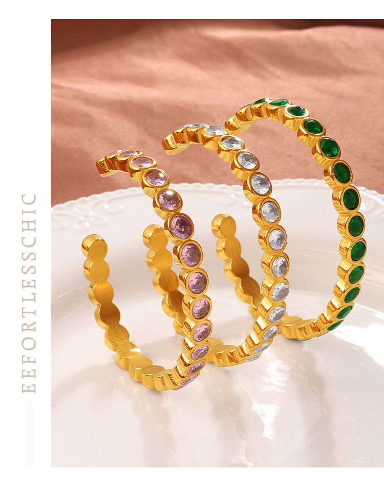 Light Luxury Vintage Style Open Bracelet With Multi-color Zircon, Stainless Steel, Stackable And Versatile C-shaped Bracelet.