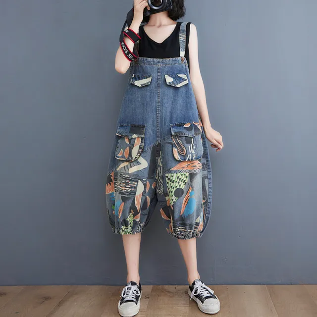 Women's New Printed Denim Bloomers 7 Points Straps Blue - Shop at LoveMi