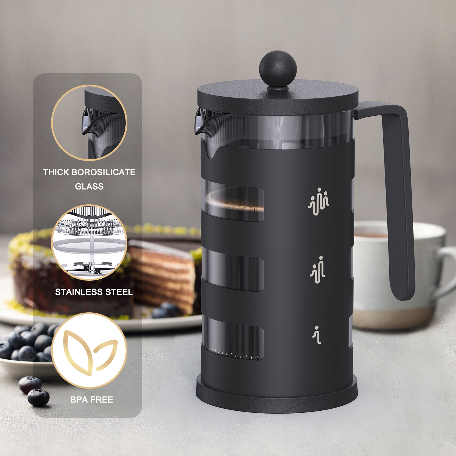 RAINBEAN French Press Coffee Maker - Heat Resistant Glass. FRIENDLY COFFEE MAKER: Unique design with HUMAN-SHAPED logo, means sharing happiness with family and friends! 350ml/12 ounces french press makes 2-3 cups of coffee could enjoy, you could brew deli