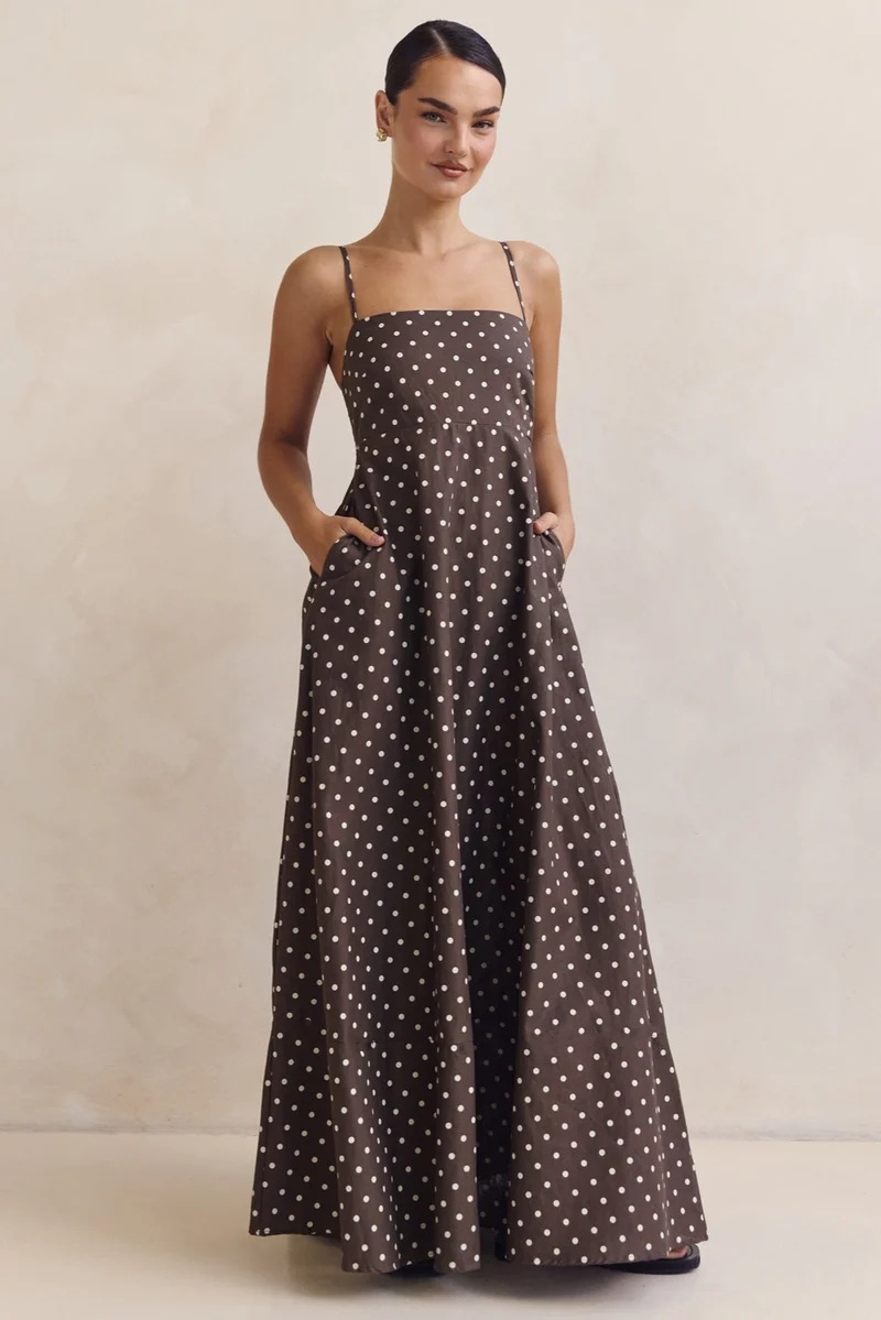 High Waist Polka Dot Spaghetti Maxi Dress