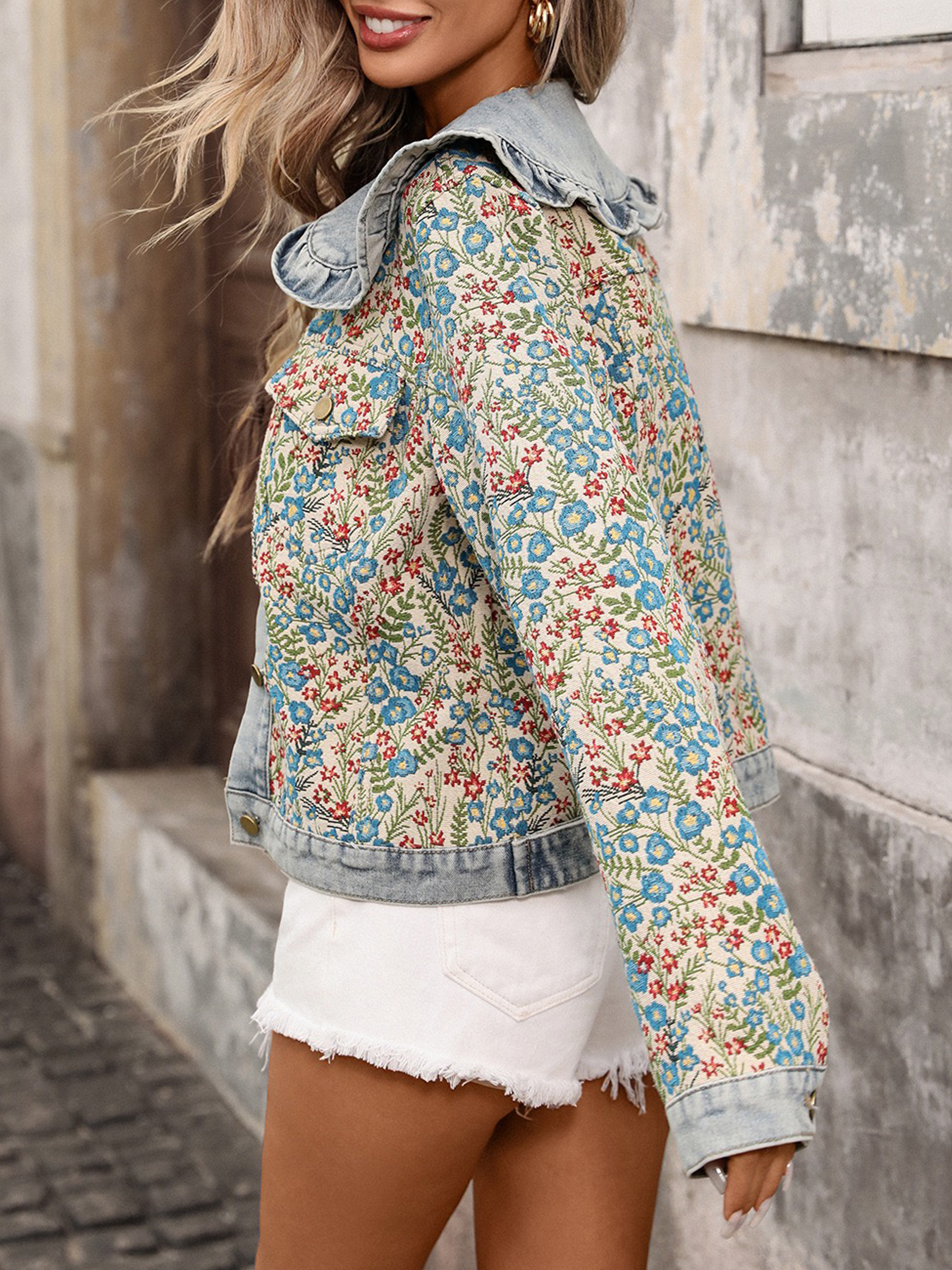 New Women's Jacquard Long-sleeved Ruffled Peter Pan Collar Single-breasted Short Denim Jacket, Stylish And Versatile, Suitable For Everyday Wear. — foto 3