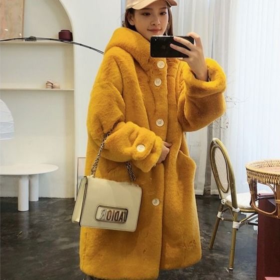 Winter New Hooded Thick Cotton Faux Fur Jacket Yellow - Shop at LoveMi