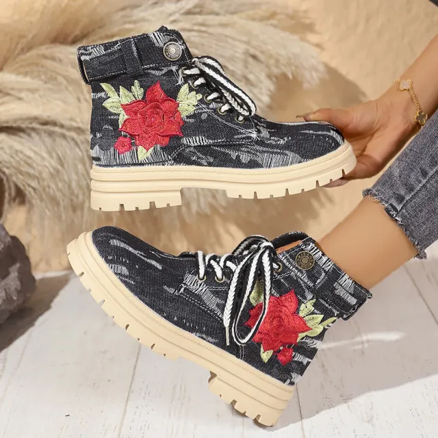 Lace up Canvas Boots Fashion Rose Embroidered Shoes Round Toe Thick Heel Short Boot Women Black - Shop at LoveMi