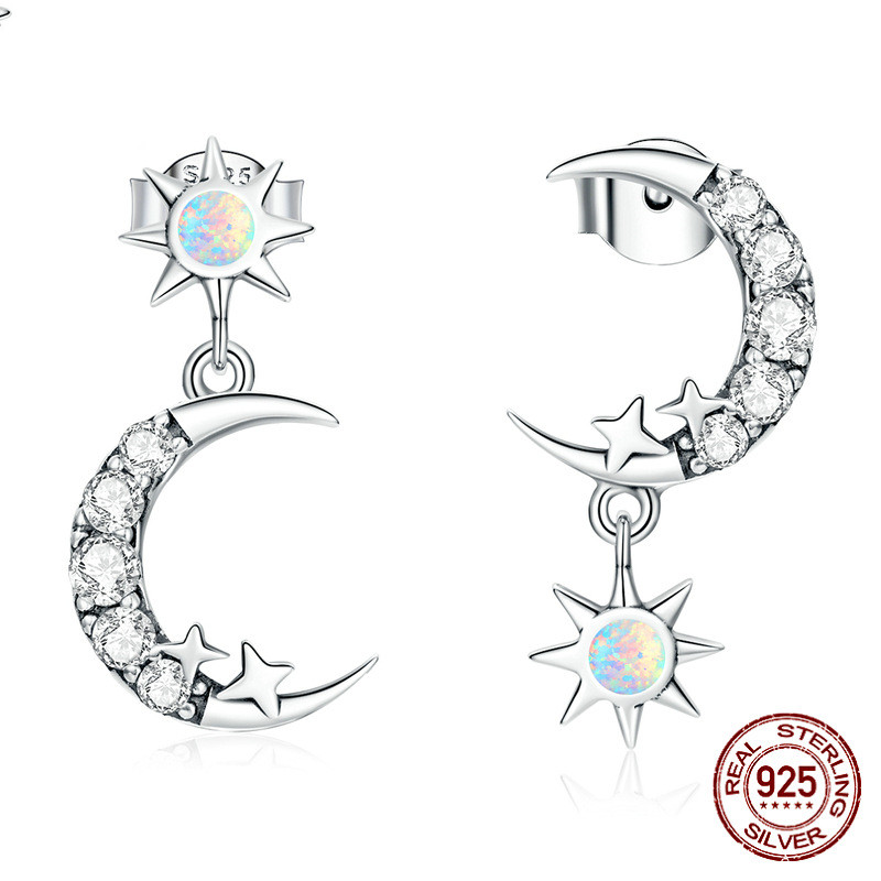 Star And Moon Silver Opal Stud Earrings