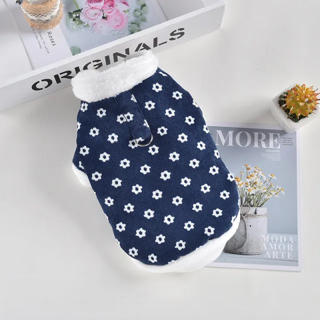 Padded Winter Dog Cotton Coat Small Flower Corduroy Jacket Blue - Shop at LoveMi