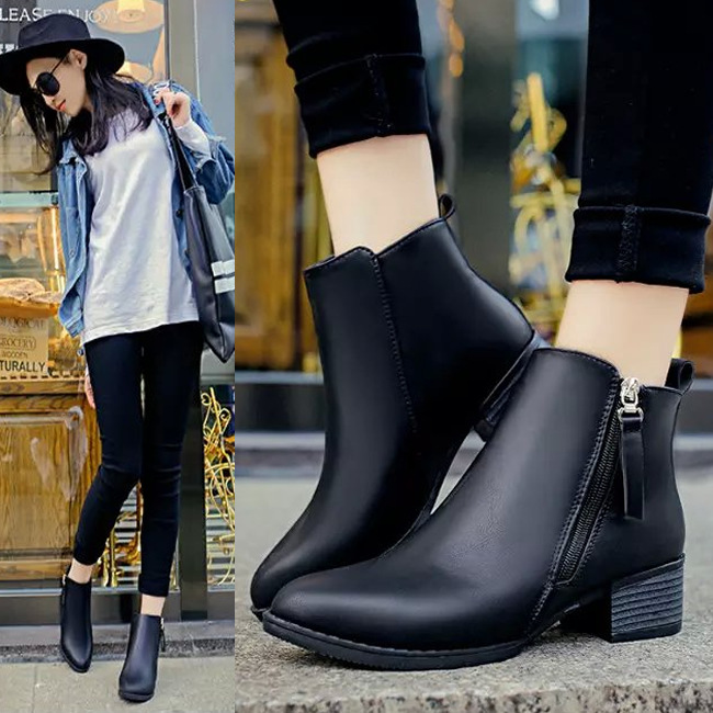 Title 7, Side zipper pointed toe block heel short boots