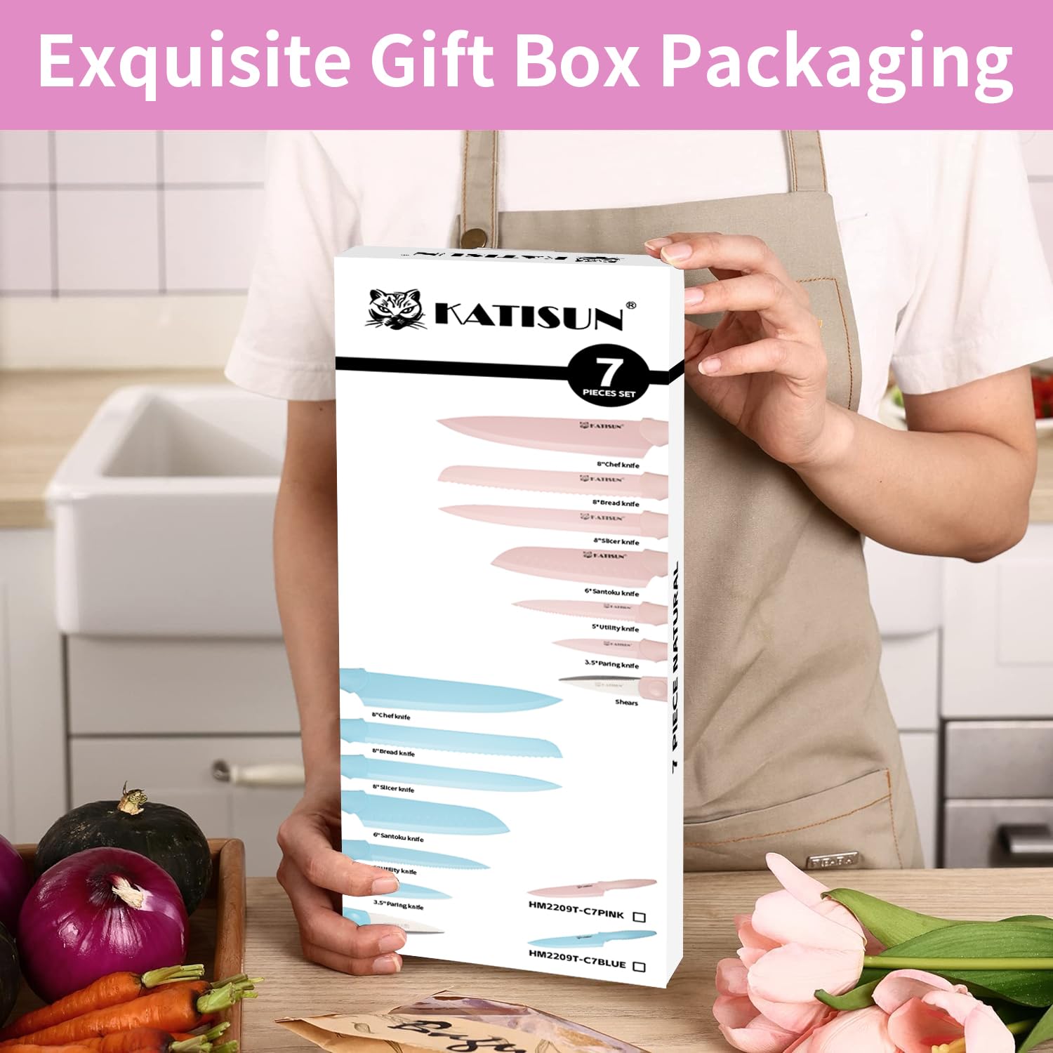 Kitchen Knife Set With Guards, 13 Piece Pink Non-Stick Boxed Knives Set, Anti-Rust And Dishwasher Safe, 6 Knives With 6 Blade Covers And Kitchen Shears