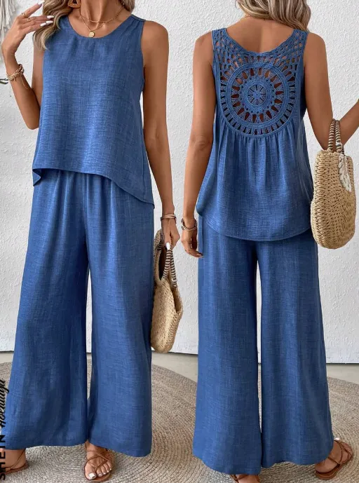 Solid Tank Top & Wide Leg Pants For Summer Vacation Blue - Shop at LoveMi