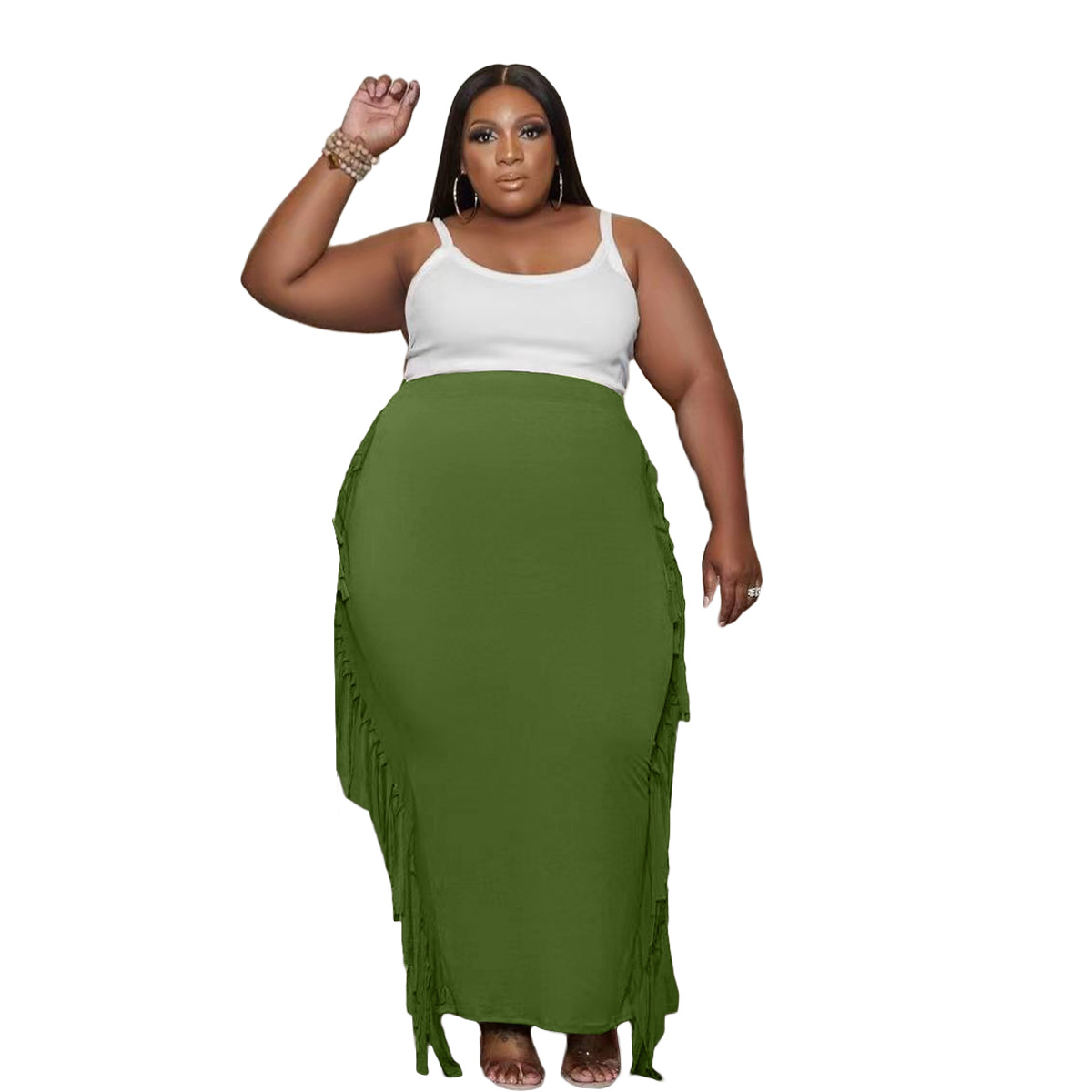 Double-sided Brushed Fabric Plus Size Women's Fringed Maxi Skirt