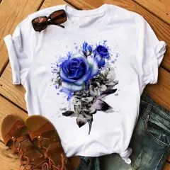 Floral Flower Pattern Printing Loose Summer Casual Ladies T Shirt - Blue - View 1