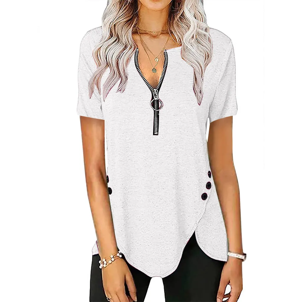 Women's Casual Short Sleeve Top V-Neck Zip Button T-Shirt - White