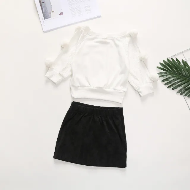 Long Sleeve Fur Ball Top And Skirt Suit White - Shop at LoveMi