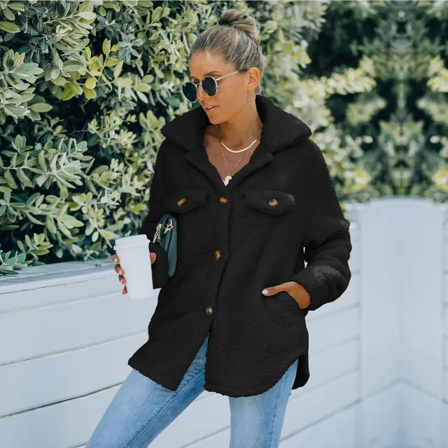 Women's Solid Color Loose Coat Lamb Wool Coat Black - Shop at LoveMi