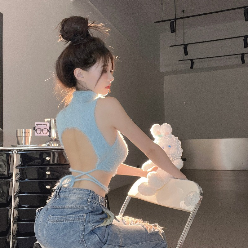 High-neck Sleeveless Soft Waxy Vest With Tops And Small Women's Suspenders