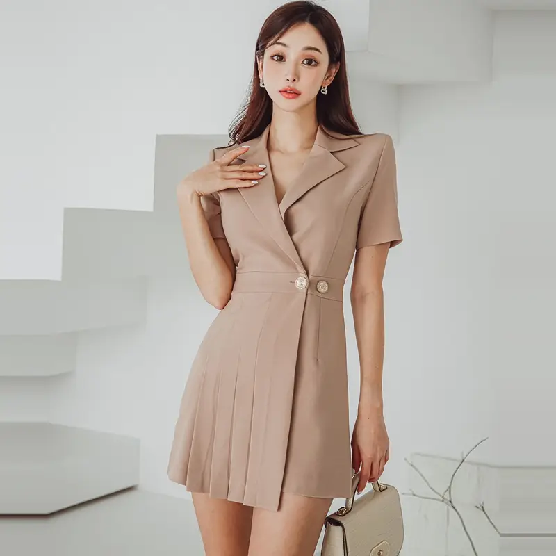 Women's Slim Suit Collar Waist-tight Pleated Dress