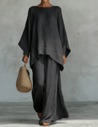 Women's Simple Loose-fitting Shirt And Wide-leg Pants Set