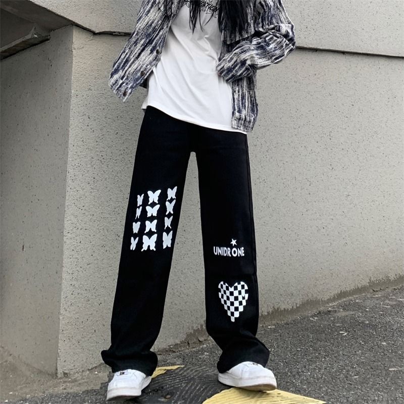 Printed High Waist Straight Pants Heart Checkerboard Jeans Black - Shop at LoveMi
