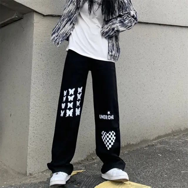 Printed High Waist Straight Pants Heart Checkerboard Jeans Black - Shop at LoveMi