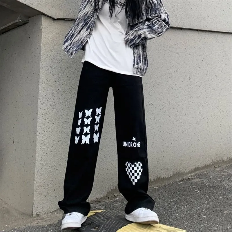 Printed High Waist Straight Pants Heart Checkerboard Jeans - Black