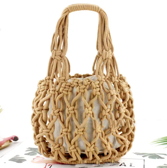 Hand Held Cotton Thread Net Pocket Casual Women Bag Brown - Shop at LoveMi