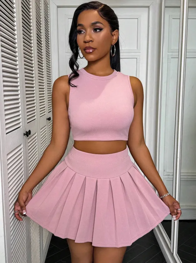 Casual Solid Color Round Neck Women's Vest Short Skirt Set Pink - Shop at LoveMi