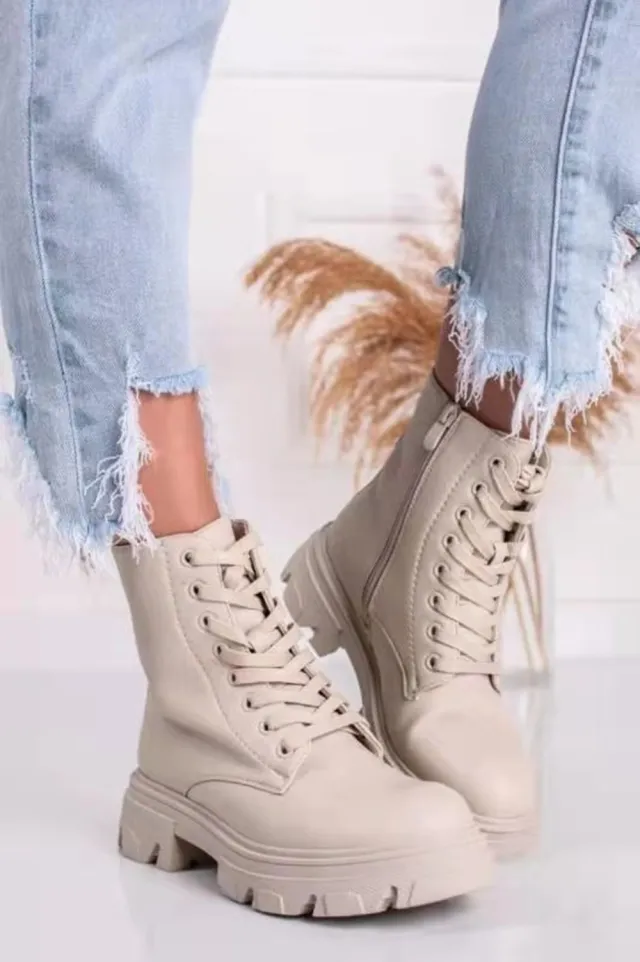 Round Toe Thick soled Leather Ankle Boots British Style Large Size High top Women's Boots Beige - Shop at LoveMi