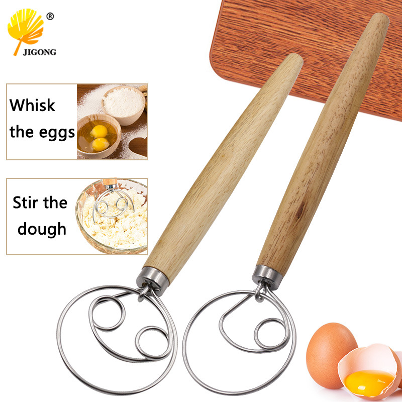 Baking Assistant Stainless Steel Coil Wooden Handle Stirring Stick