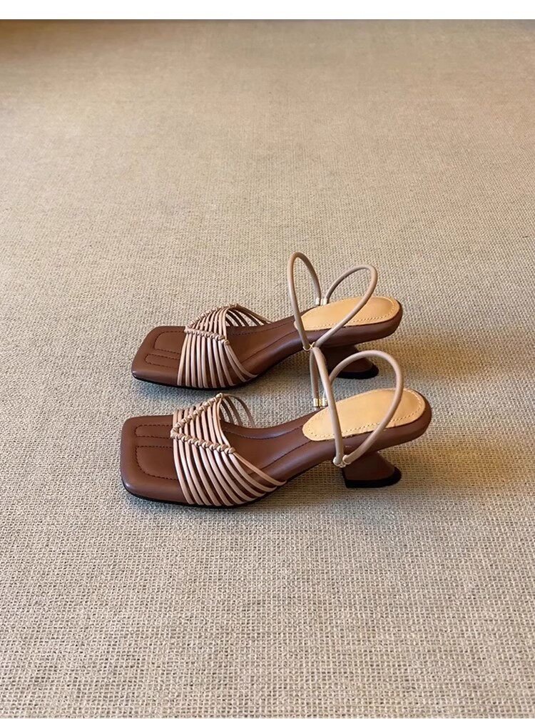 Women Square Toe High Heel Two-Way Wear Sandals, Hollow Woven Versatile One-Strap Slide Sandals For Vacation Summer product image