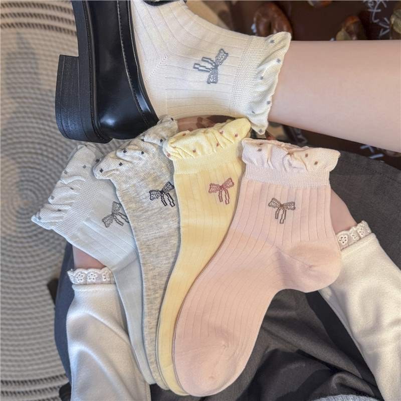 2pairs Butterfly Knot Polka Dot Bubble Mouth Lace Autumn Summer Short Tube Socks For Women