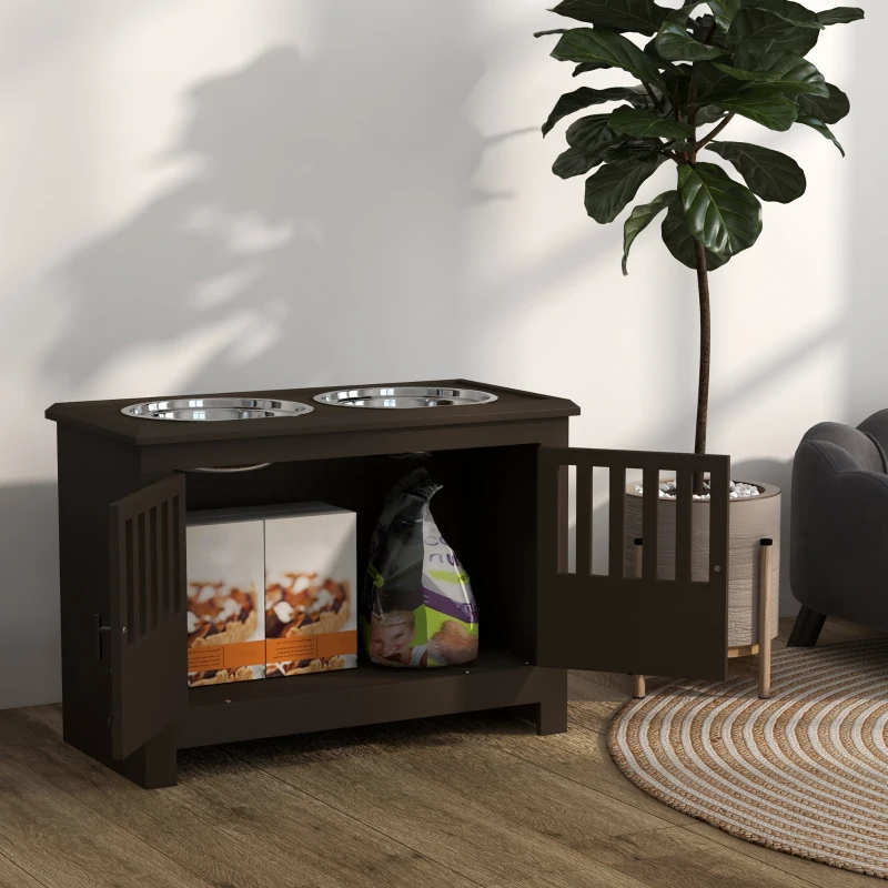 PawHut Dog Food Storage Cabinet With Bowls & Dog Feeding Station, Espresso