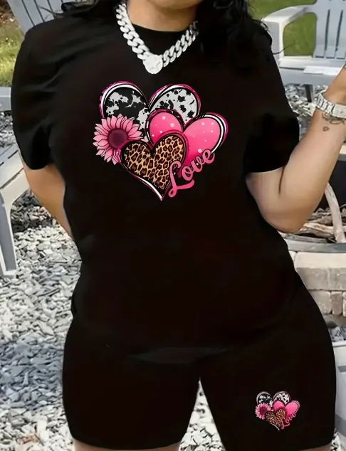 Women'S Two Piece Set Featuring A Stylish Printed T Shirt And Casual Shorts Black - Shop at LoveMi