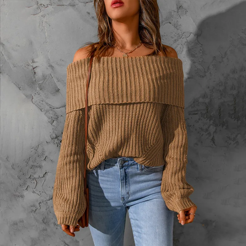 Women's Elegant Off-Shoulder Sweater, Textured Knit Long Sleeve Top For Winter Parties And Vacation - Khaki