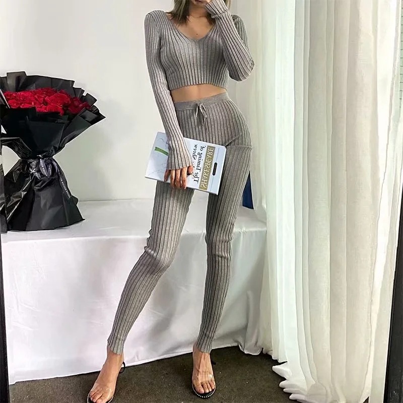 Autumn New Style European And American Sexy Double V-neck Pullover Trousers Suit
