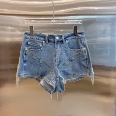 Women's Rhinestone Tassel Decorated Denim Shorts - Blue - View 1