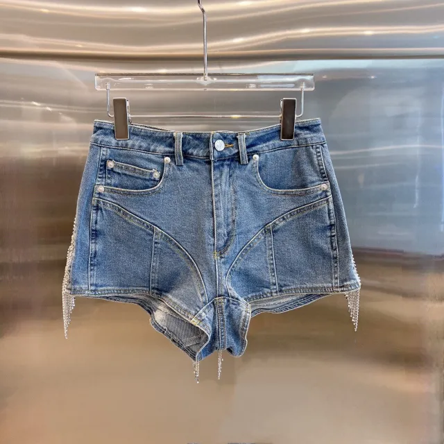 Women's Rhinestone Tassel Decorated Denim Shorts Blue - Shop at LoveMi