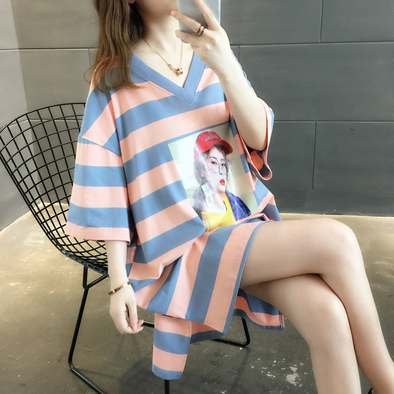 Title 3, Mid-length Rainbow Striped T-shirt Dress For Women