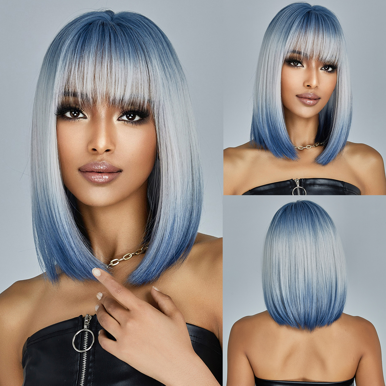 Title 1, Wig With Bangs Gradient Blue Short Straight Hair