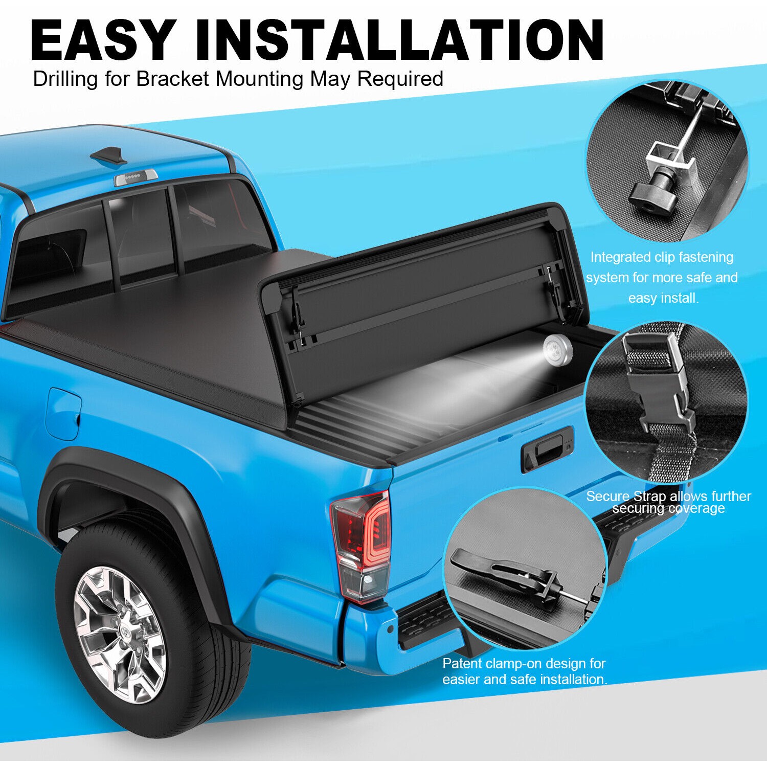Lockable tailgate latch detail on Mankee tri-fold tonneau cover for RAM 1500 5.7 ft truck bed